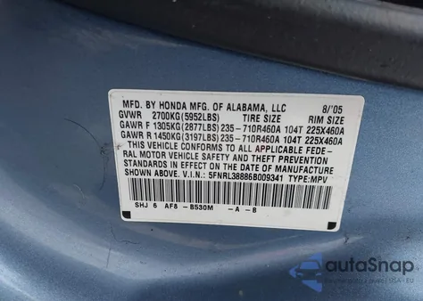 2006 Honda Odyssey Touring z USA, uszkodzony, nr VIN 5FNRL38886B009341